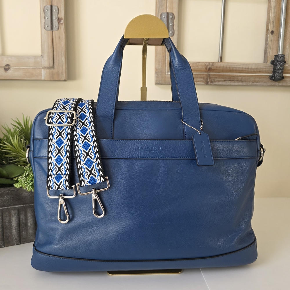 Coach Hamilton Cobalt Blue Leather Briefcase Laptop Business Bag - Picture 2 of 16